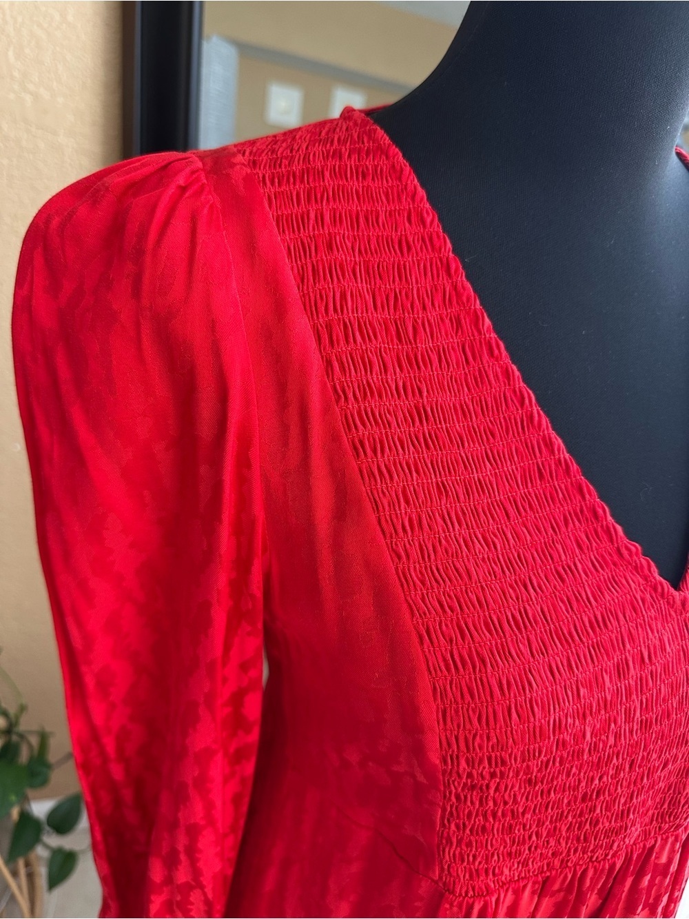 Maje Red Jacquard Smocked Mini Dress Long Sleeve Size 1 - Picture 6 of 16